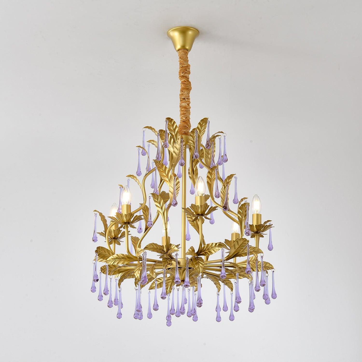 Murano Chandelier Purple Crystal Droplets Gold Leaves - Letslighting