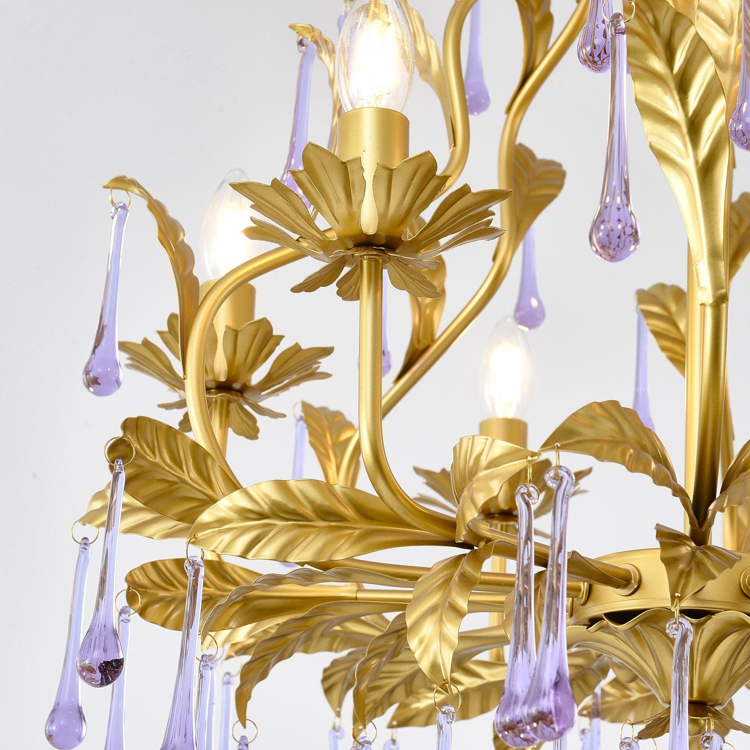Murano Chandelier Purple Crystal Droplets Gold Leaves - Letslighting