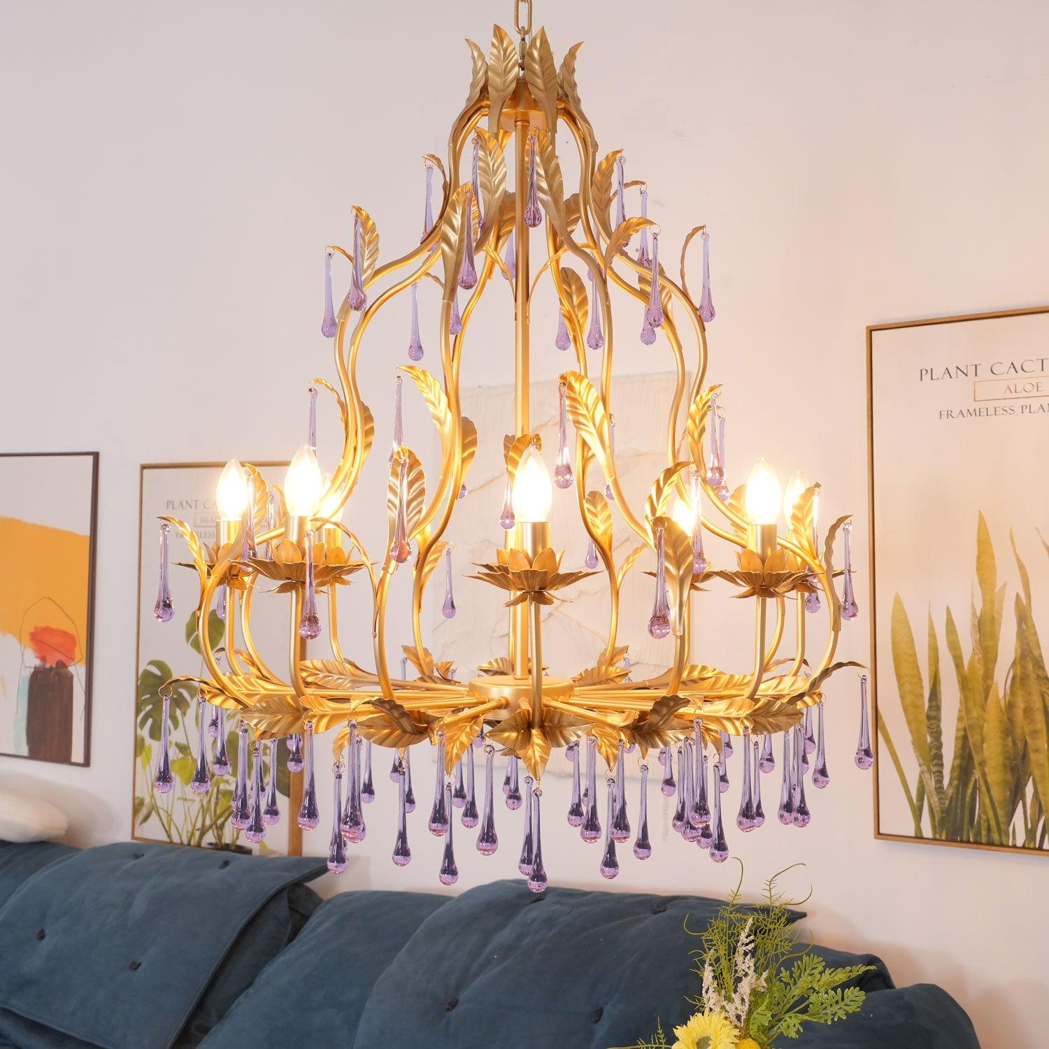 Murano Chandelier Purple Crystal Droplets Gold Leaves - Letslighting