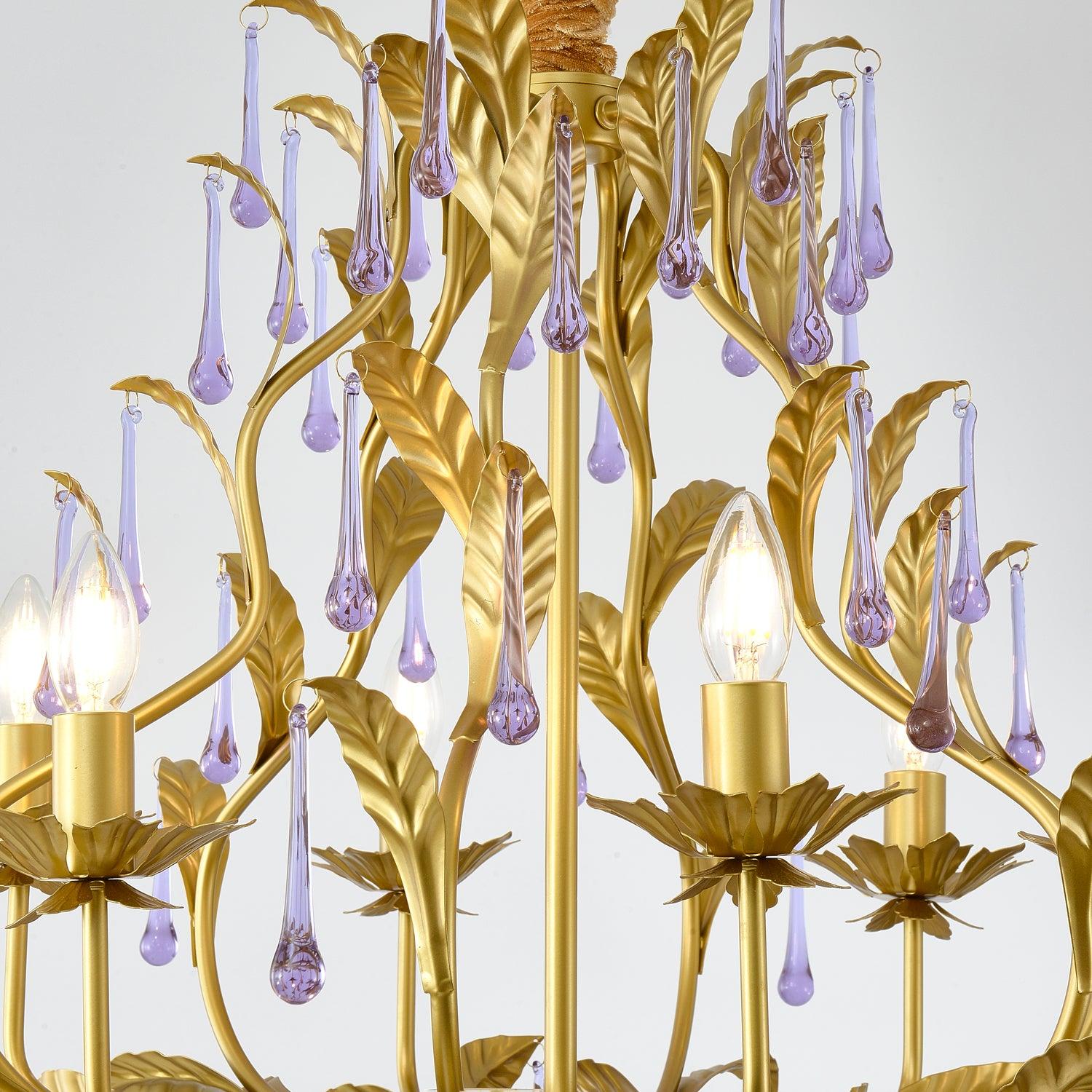 Murano Chandelier Purple Crystal Droplets Gold Leaves - Letslighting