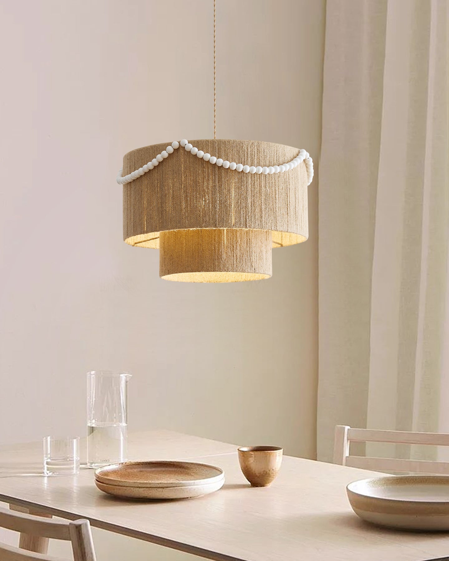 Raffine Pendant Lamp with Jute Drum & Beaded - Letslighting