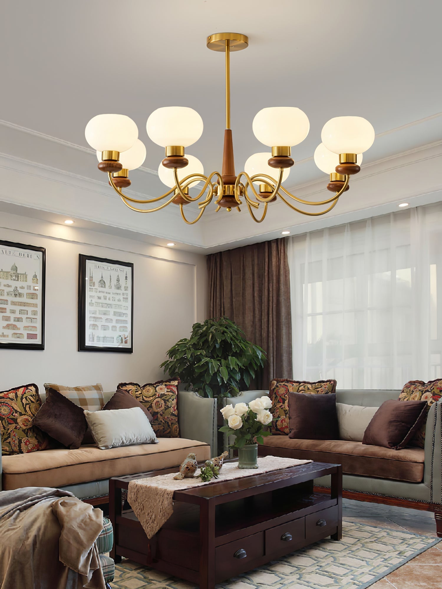 Lustra Chandelier Brass Wood Globe Classic - Letslighting