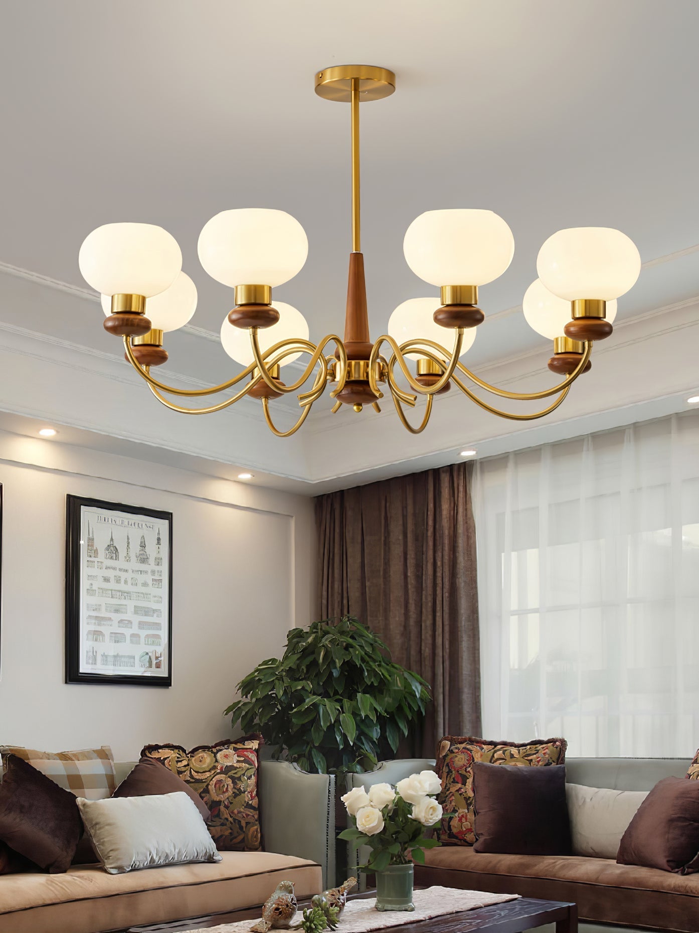 Lustra Chandelier Brass Wood Globe Classic - Letslighting