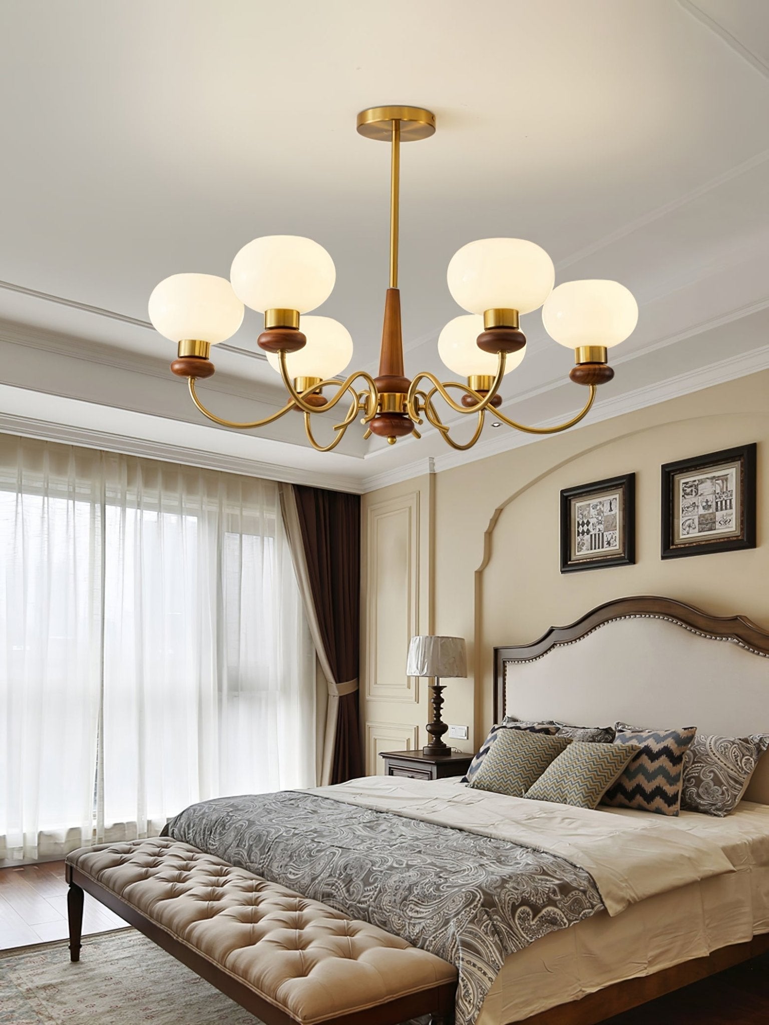 Lustra Chandelier Brass Wood Globe Classic - Letslighting