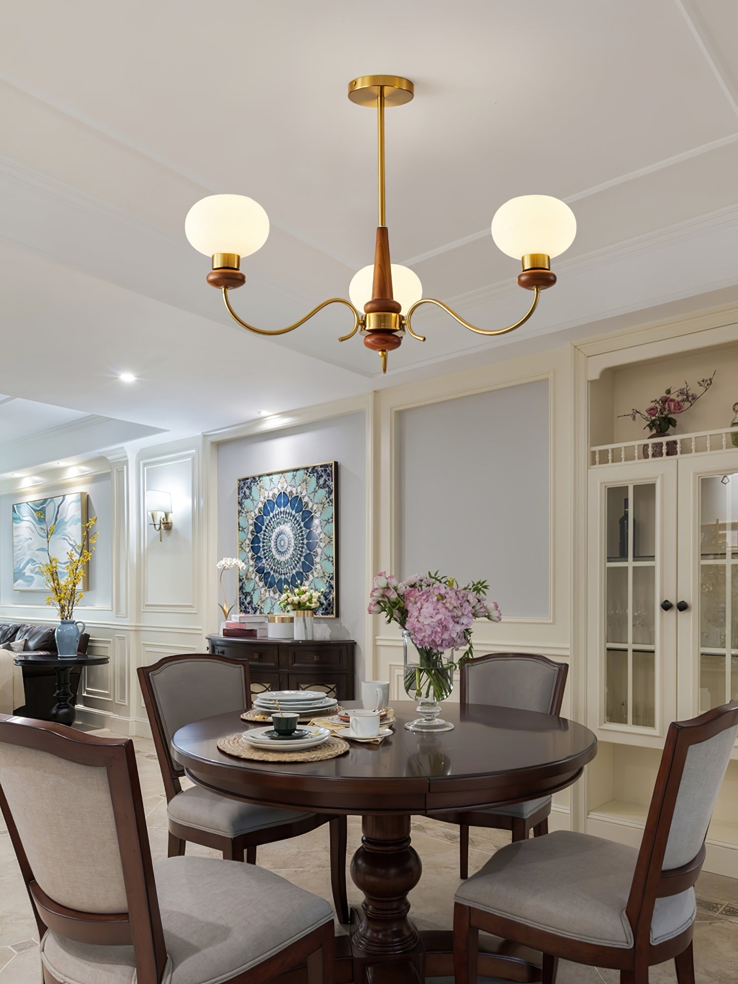 Lustra Chandelier Brass Wood Globe Classic - Letslighting
