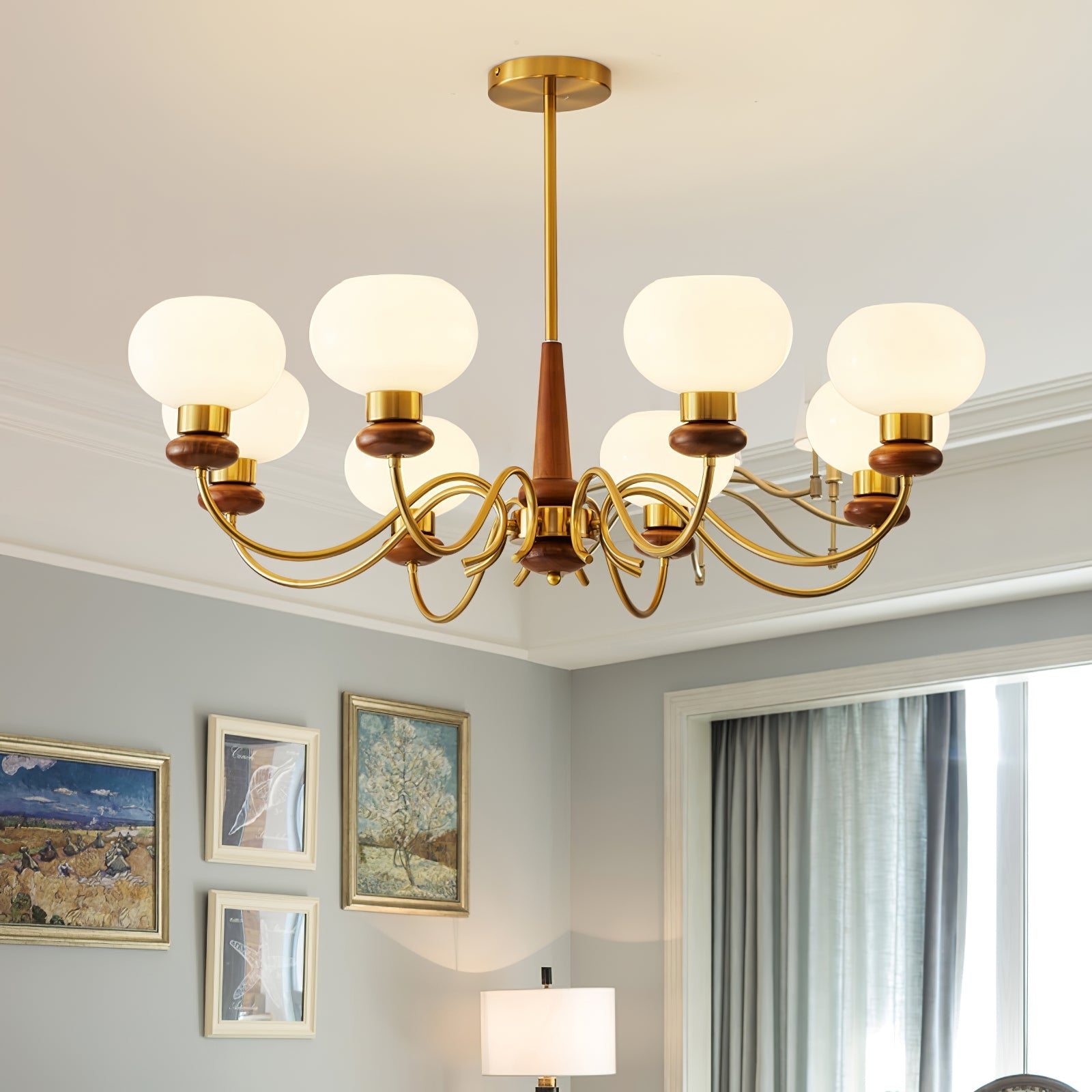 Lustra Chandelier Brass Wood Globe Classic - Letslighting