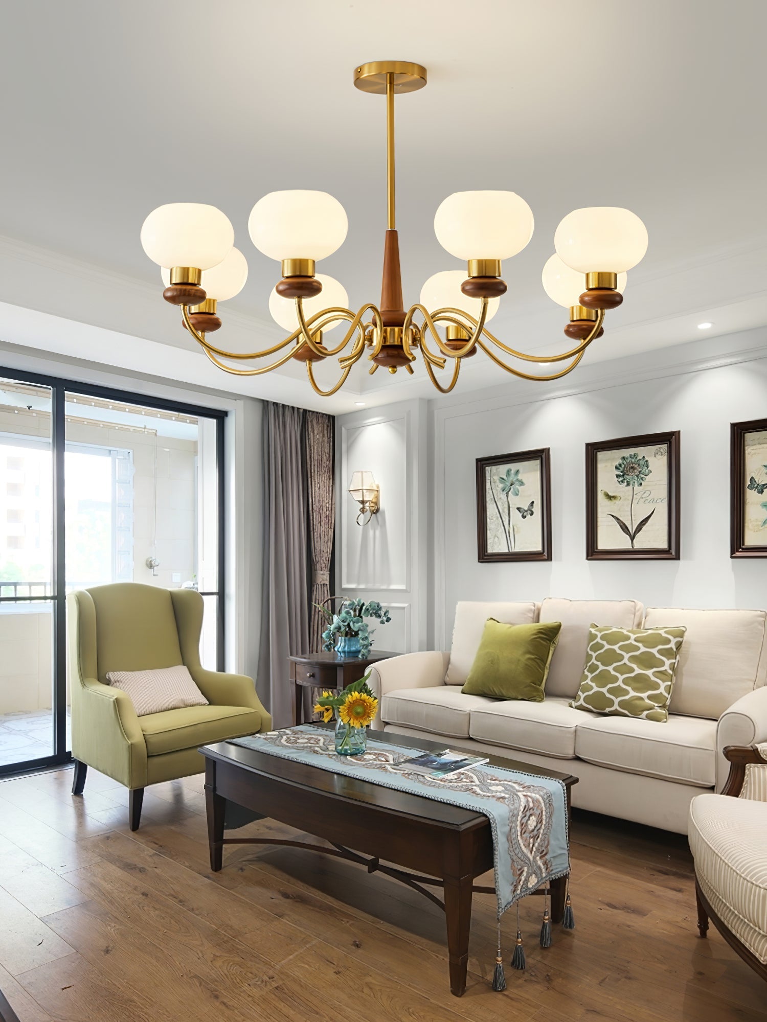 Lustra Chandelier Brass Wood Globe Classic - Letslighting