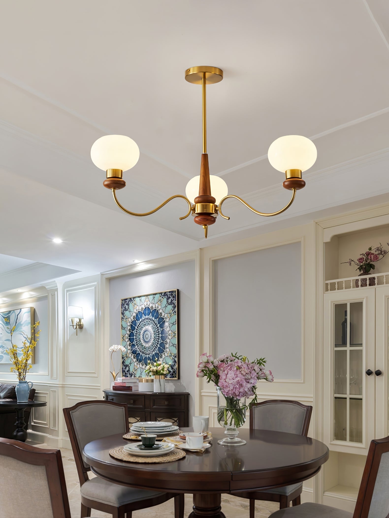 Lustra Chandelier Brass Wood Globe Classic - Letslighting