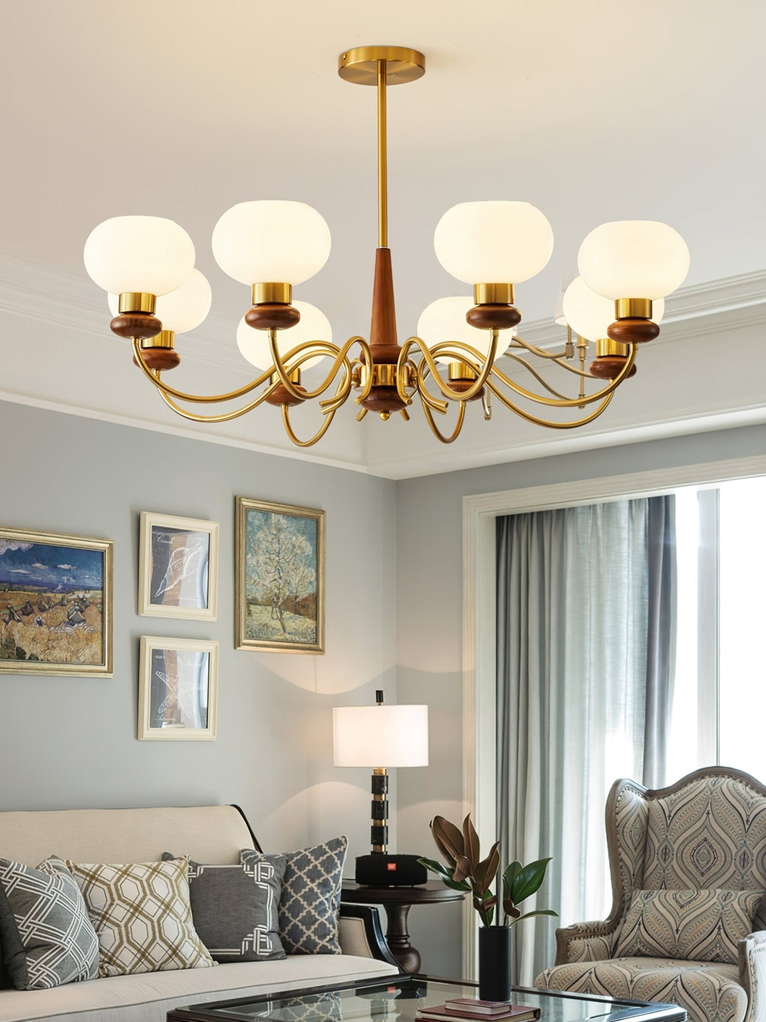 Lustra Chandelier Brass Wood Globe Classic - Letslighting
