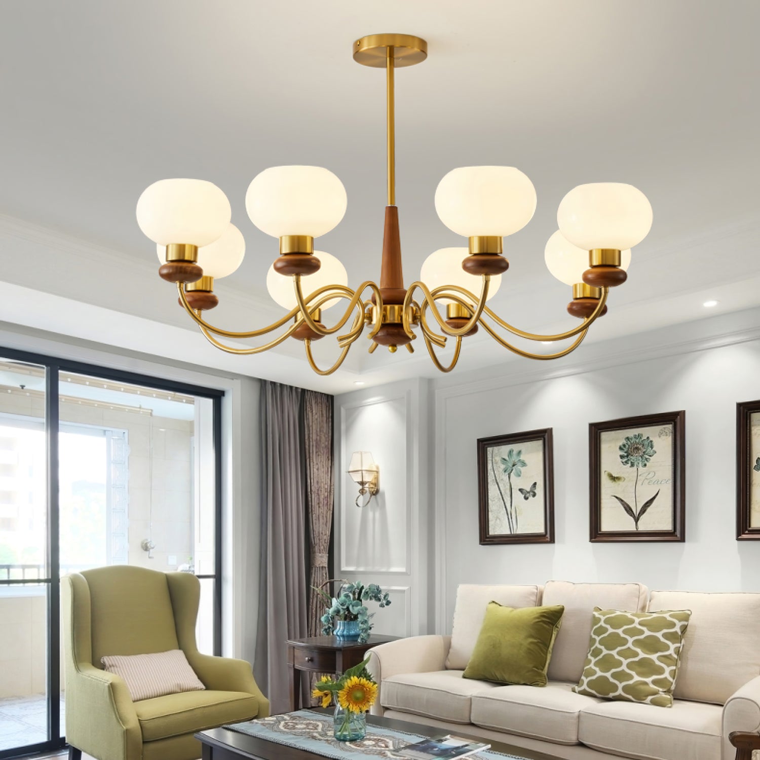 Lustra Chandelier Brass Wood Globe Classic - Letslighting