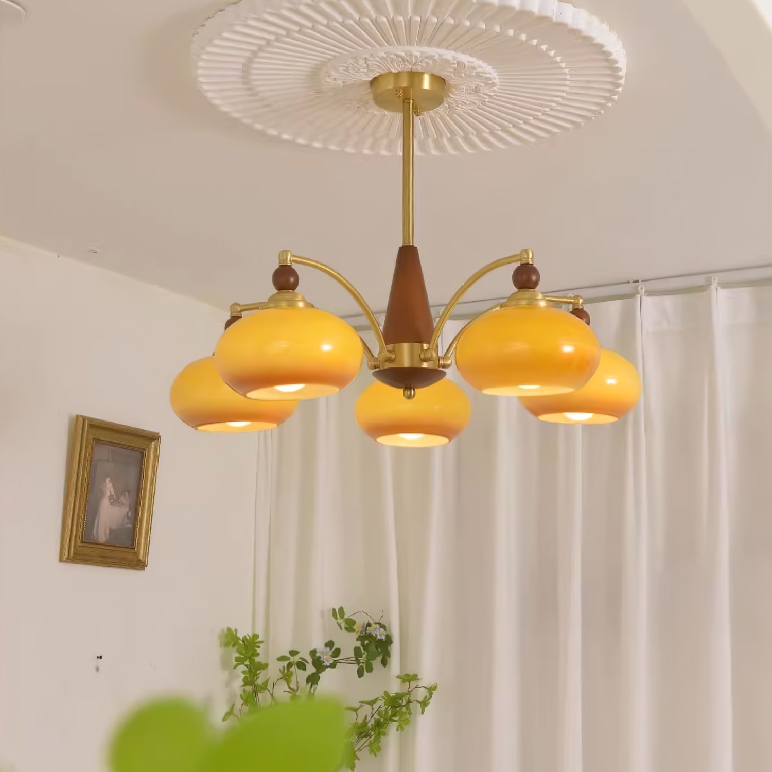 Lustra Pendant Lamp Retro Yellow Glass Brass - Letslighting
