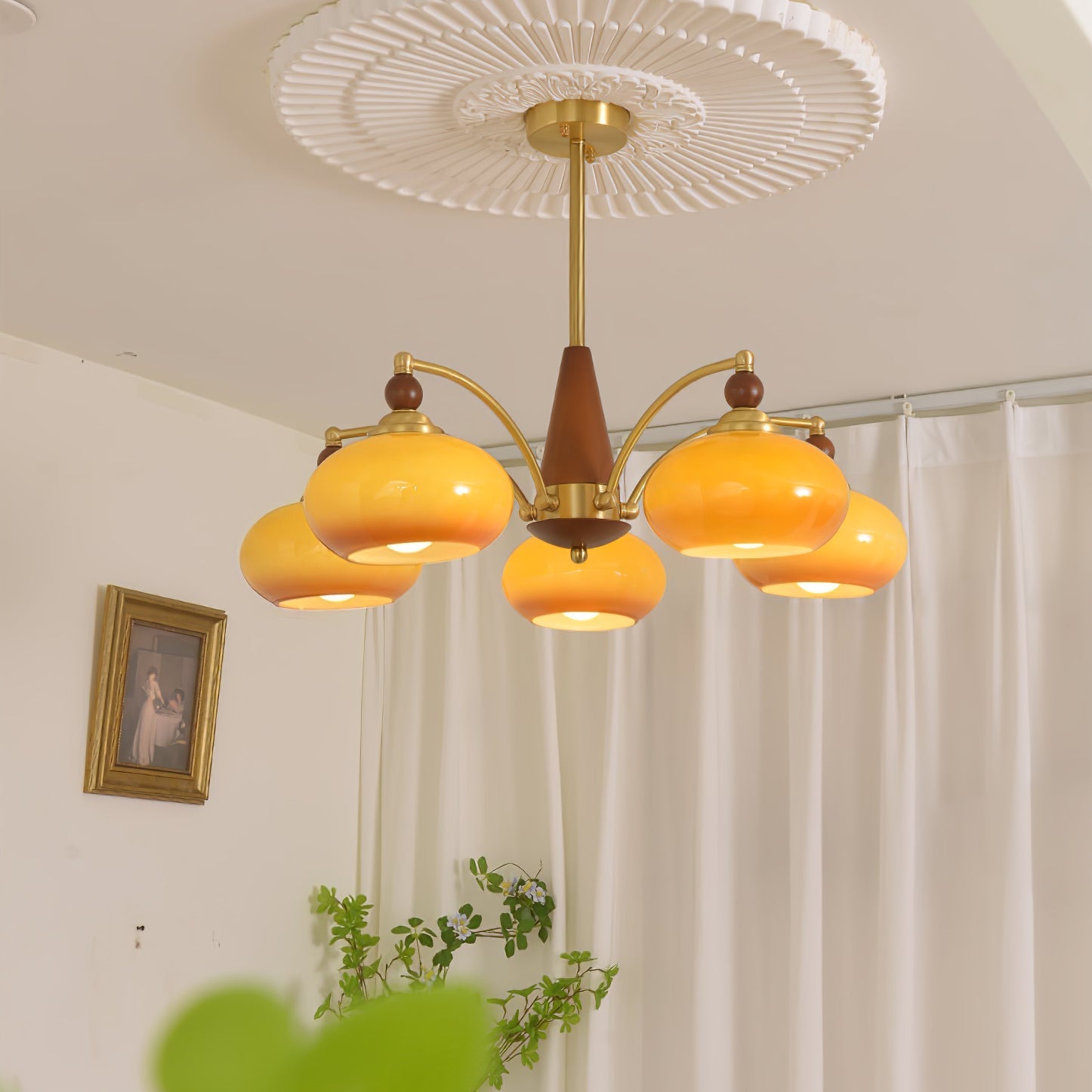 Lustra Pendant Lamp Retro Yellow Glass Brass - Letslighting