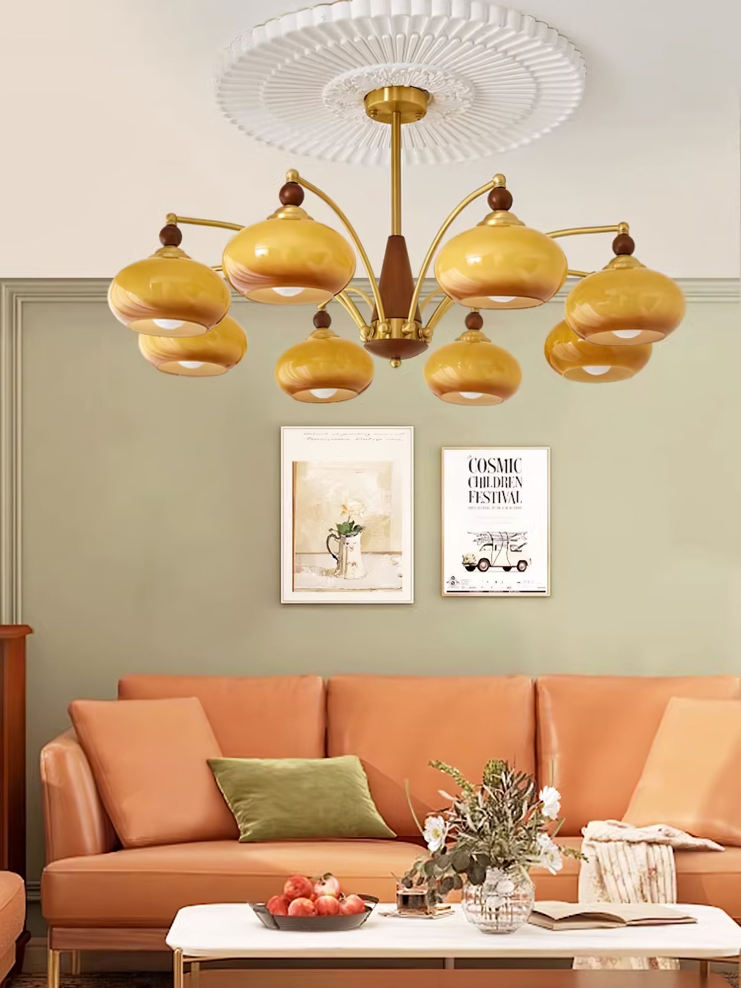 Lustra Pendant Lamp Retro Yellow Glass Brass - Letslighting
