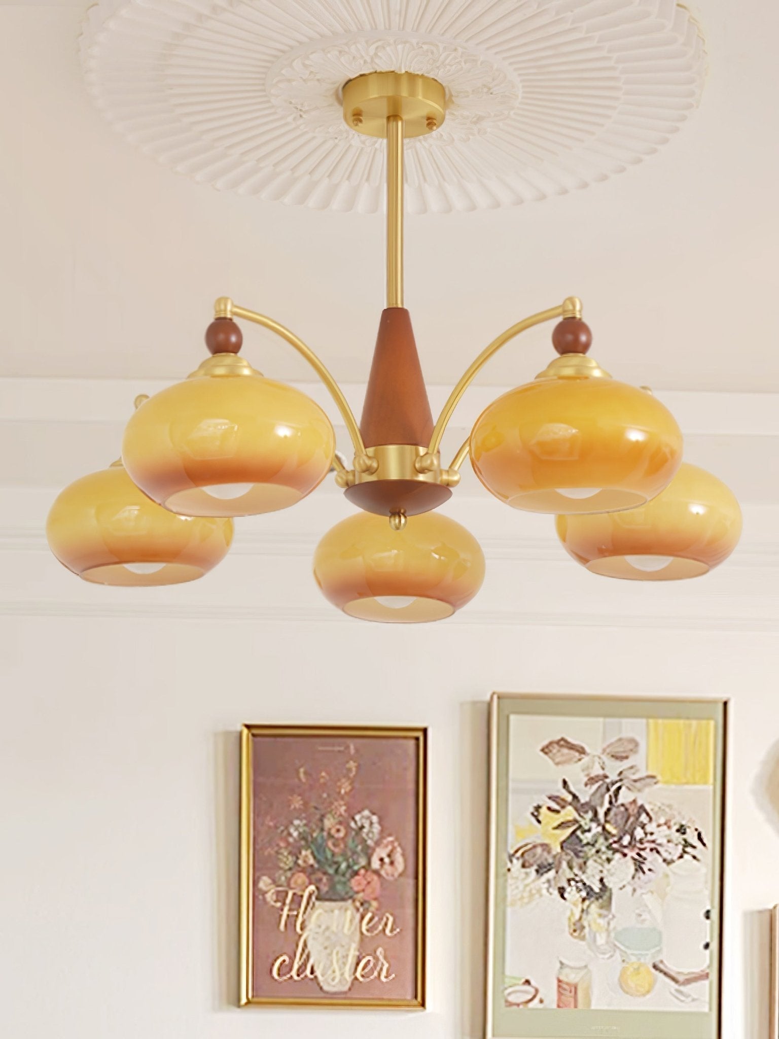 Lustra Pendant Lamp Retro Yellow Glass Brass - Letslighting