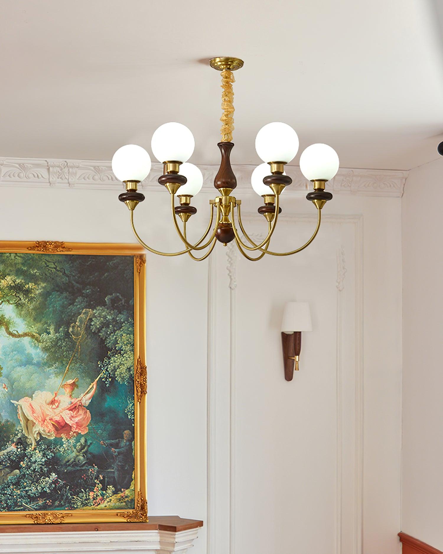 Chandelier Brass Curved Arms Walnut Vintage Elegant - Letslighting