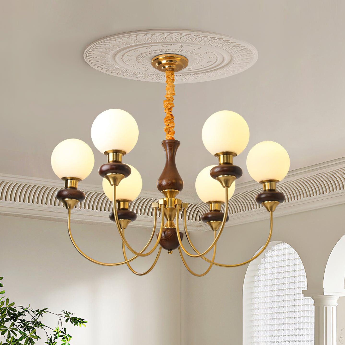 Chandelier Brass Curved Arms Walnut Vintage Elegant - Letslighting
