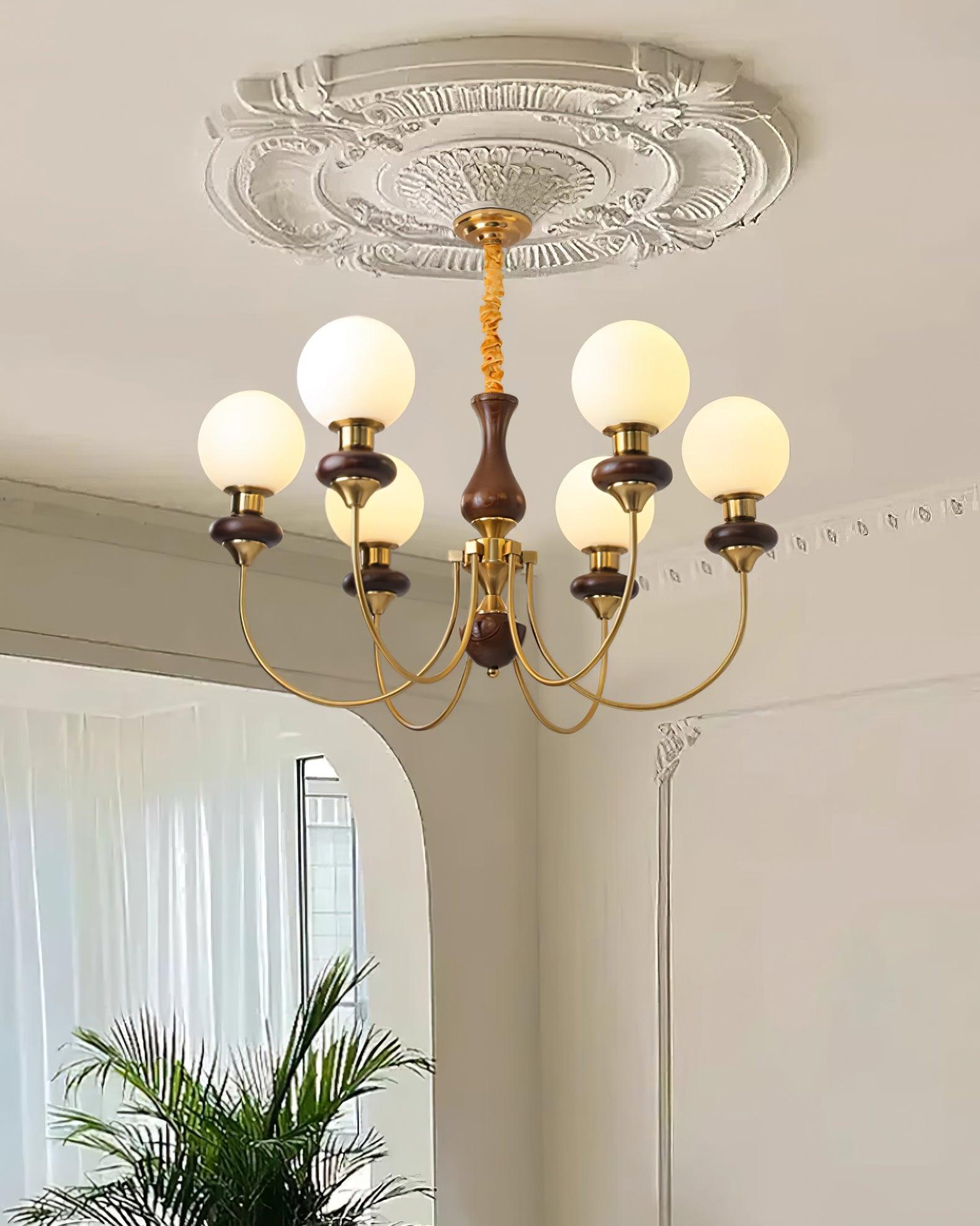 Chandelier Brass Curved Arms Walnut Vintage Elegant - Letslighting