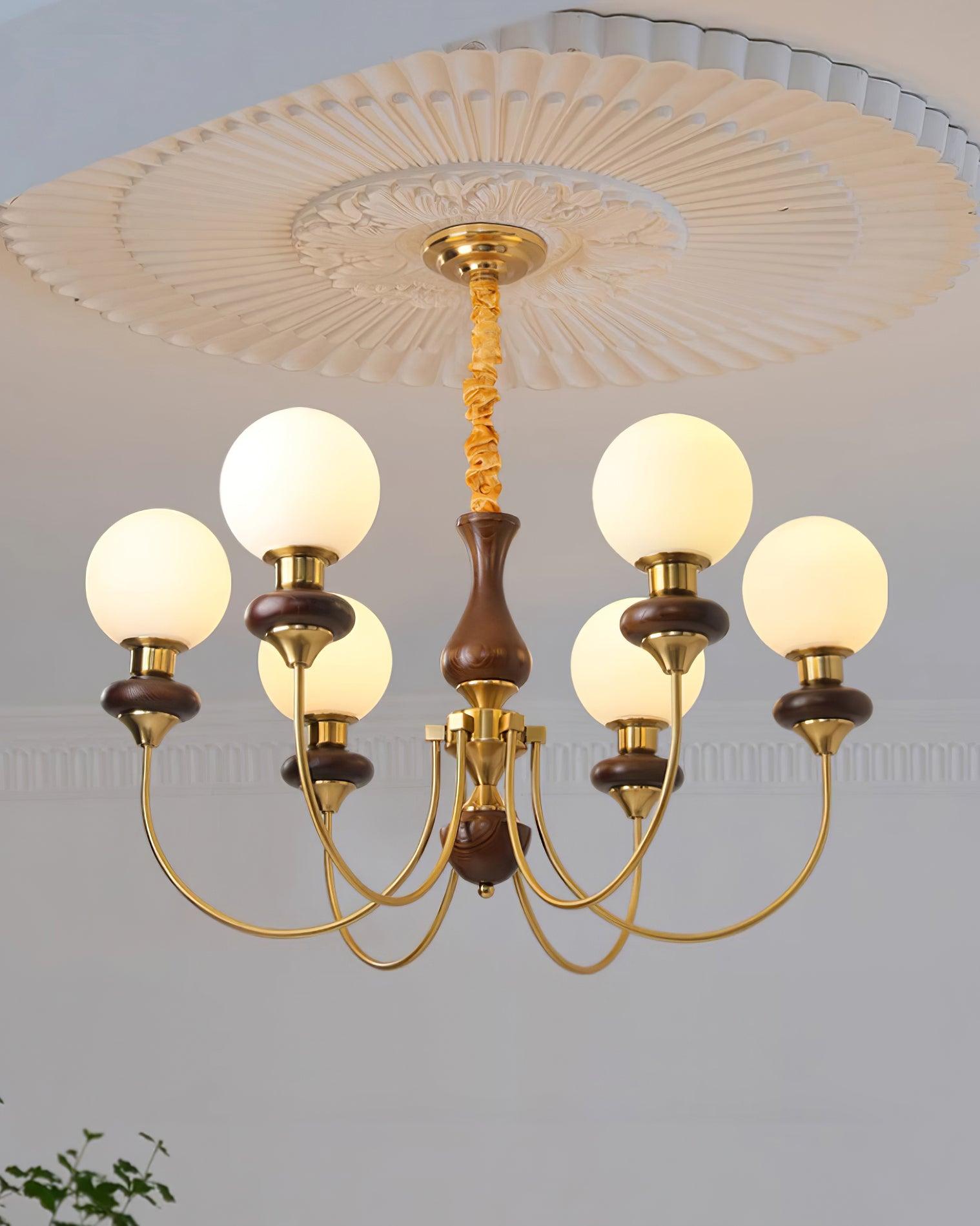 Chandelier Brass Curved Arms Walnut Vintage Elegant - Letslighting