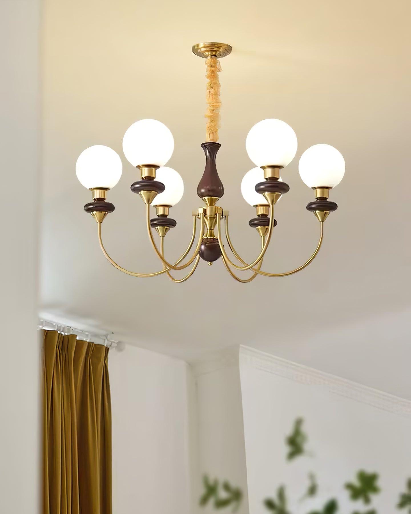 Chandelier Brass Curved Arms Walnut Vintage Elegant - Letslighting