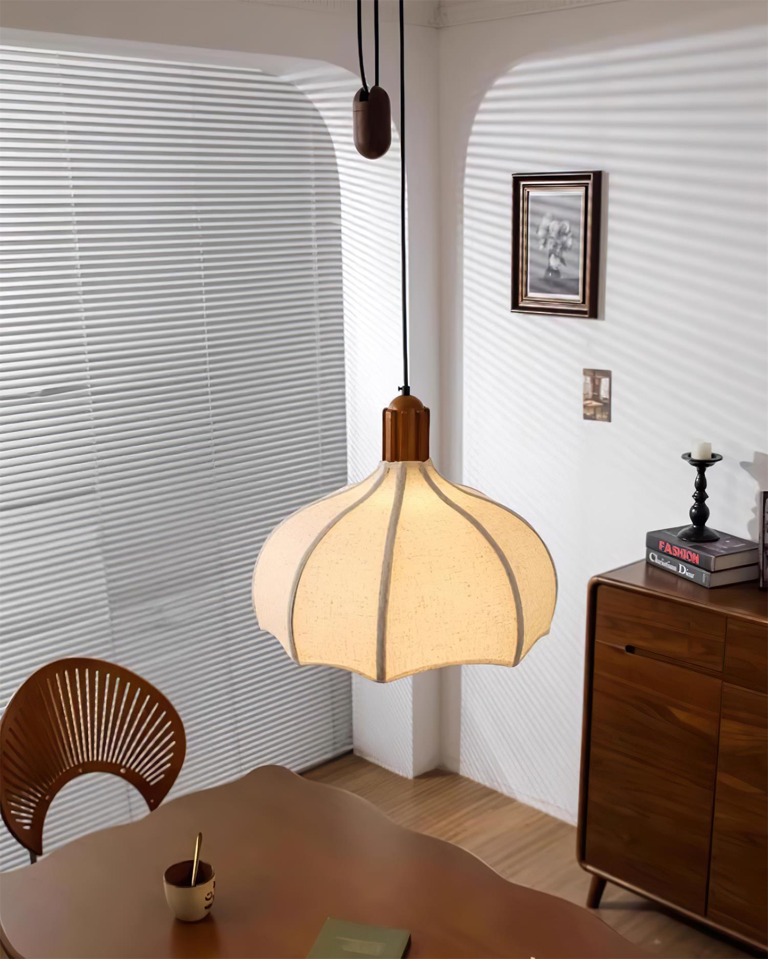 Revi Pendant Lamp Wood Fabric Scalloped Adjustable - Letslighting