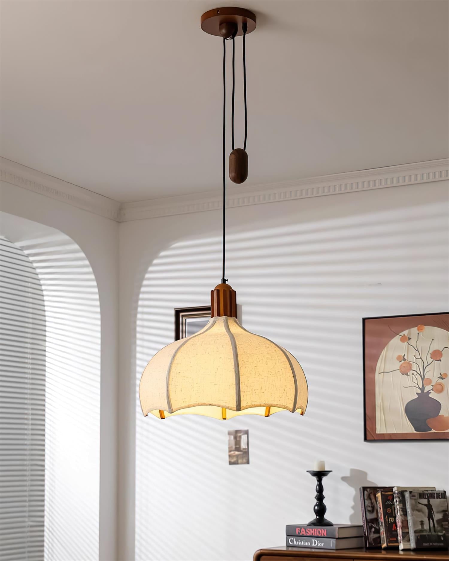 Revi Pendant Lamp Wood Fabric Scalloped Adjustable - Letslighting