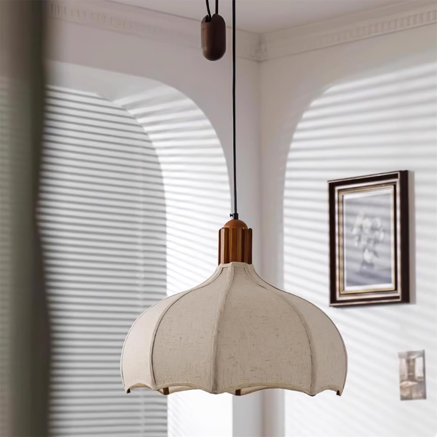 Revi Pendant Lamp Wood Fabric Scalloped Adjustable - Letslighting