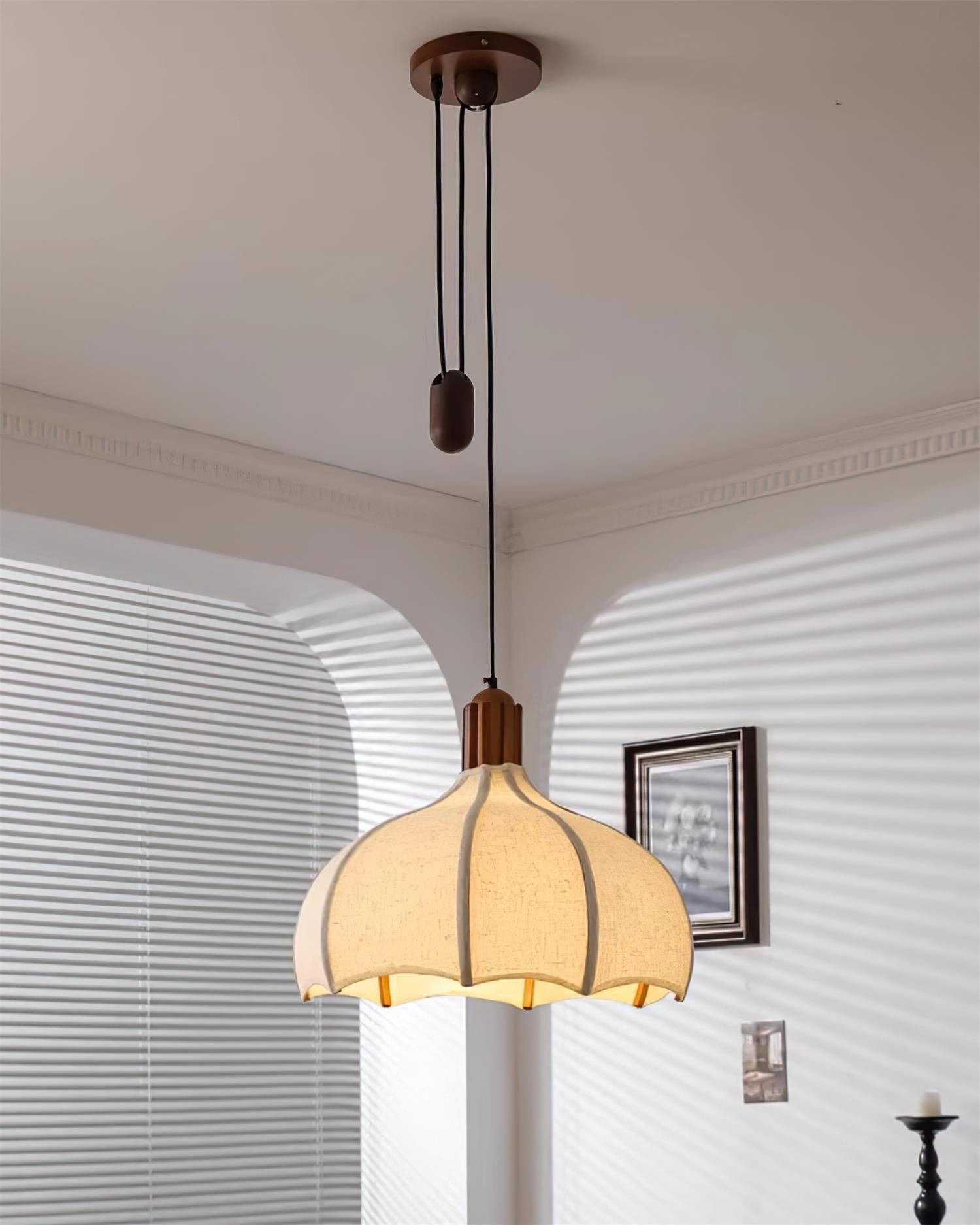 Revi Pendant Lamp Wood Fabric Scalloped Adjustable - Letslighting