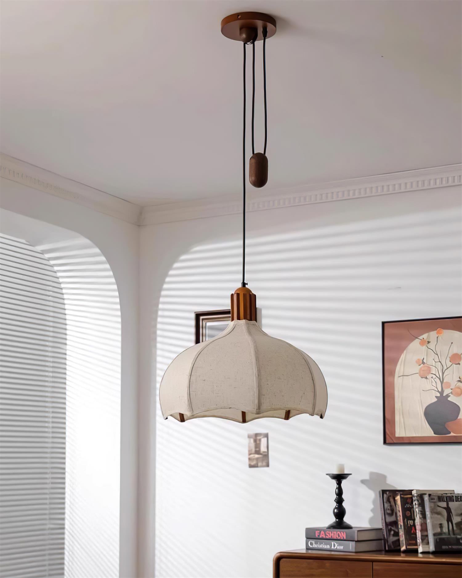 Revi Pendant Lamp Wood Fabric Scalloped Adjustable - Letslighting