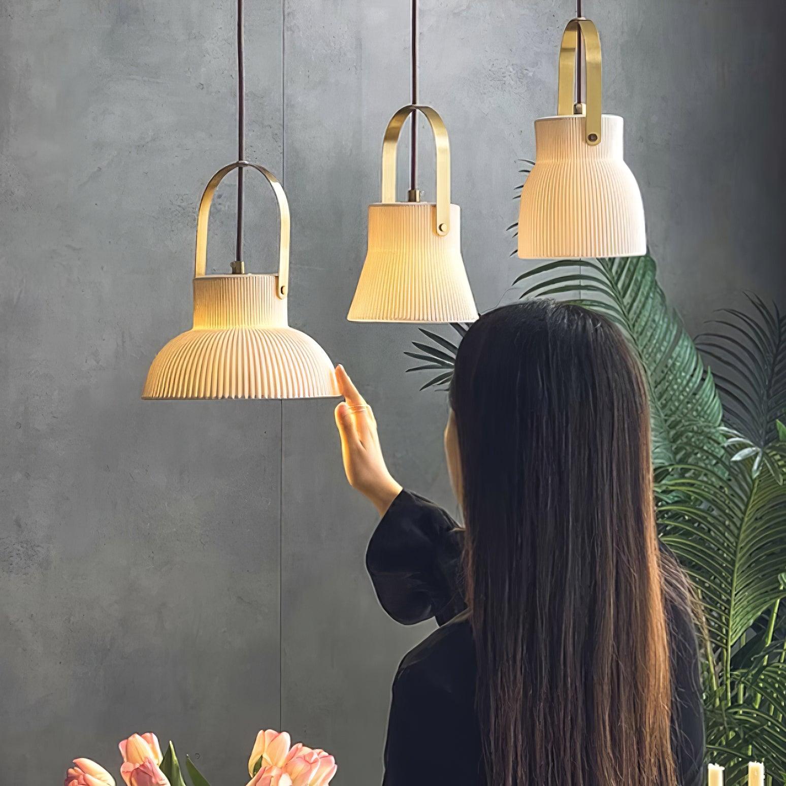 Pendant Lamp Ribbed White Ceramic with Brass Handle - Letslighting