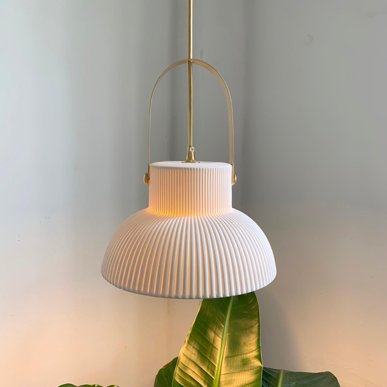 Pendant Lamp Ribbed White Ceramic with Brass Handle - Letslighting