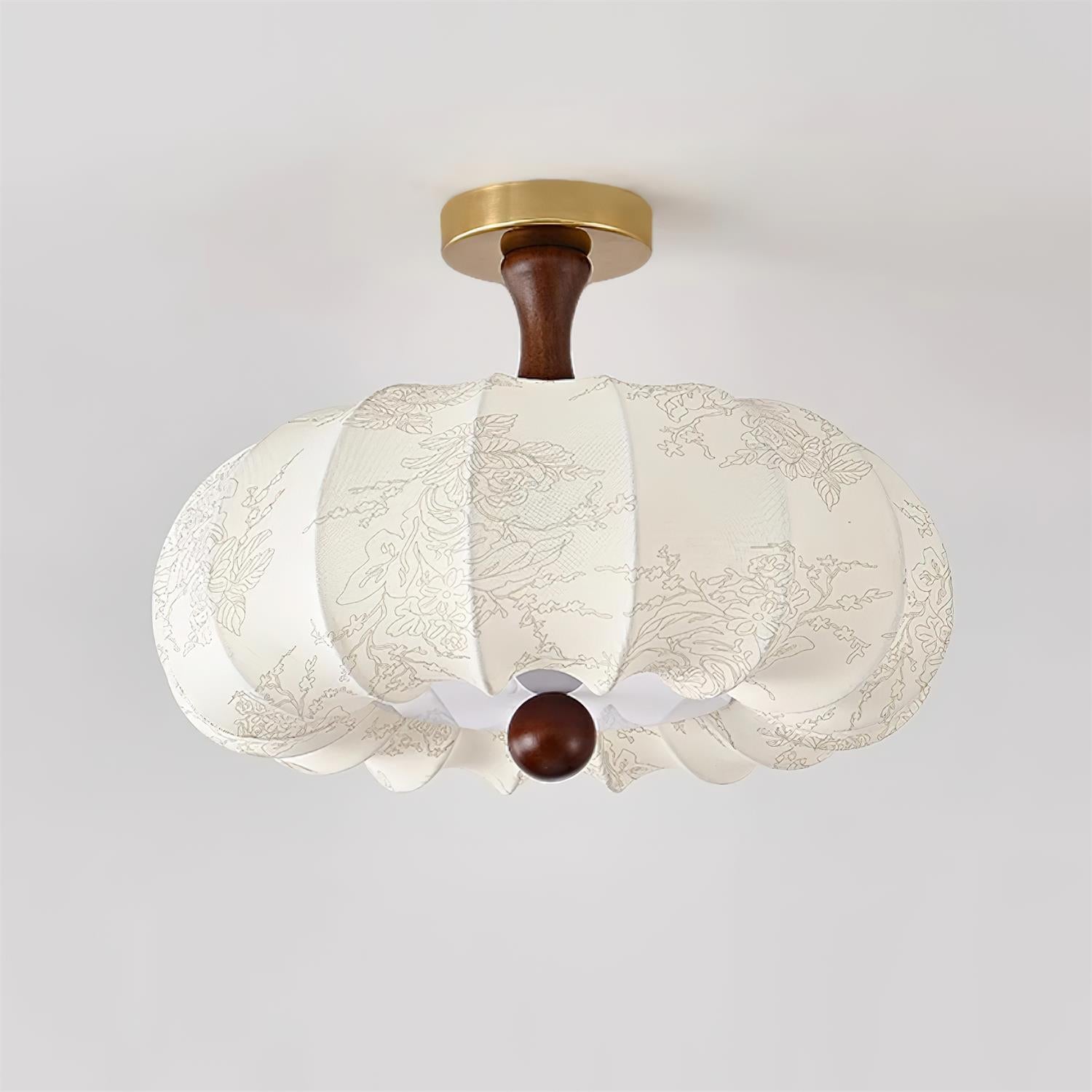 Ceiling Light Scalloped Fabric Shade Walnut Wood Canopy Vintage - Letslighting