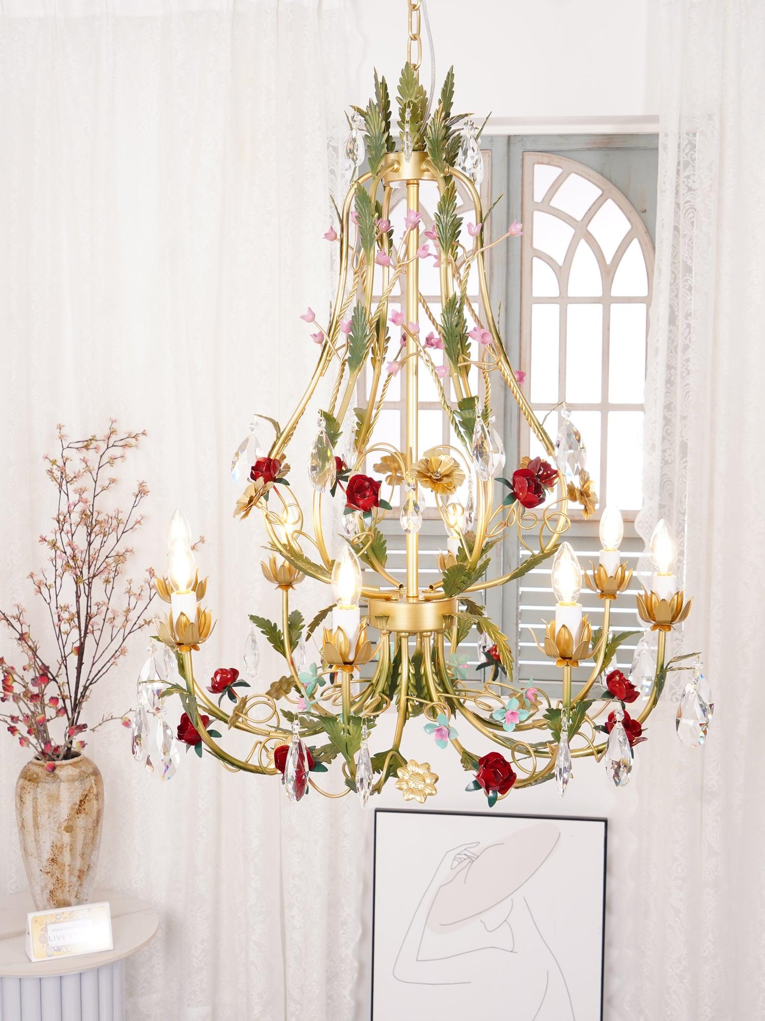 Lustra Chandelier Brass Floral Rose Crystal Candle - Letslighting