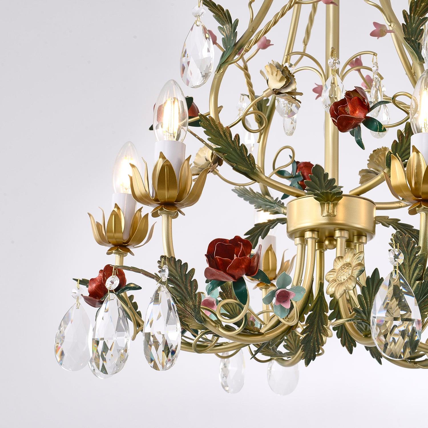 Lustra Chandelier Brass Floral Rose Crystal Candle - Letslighting