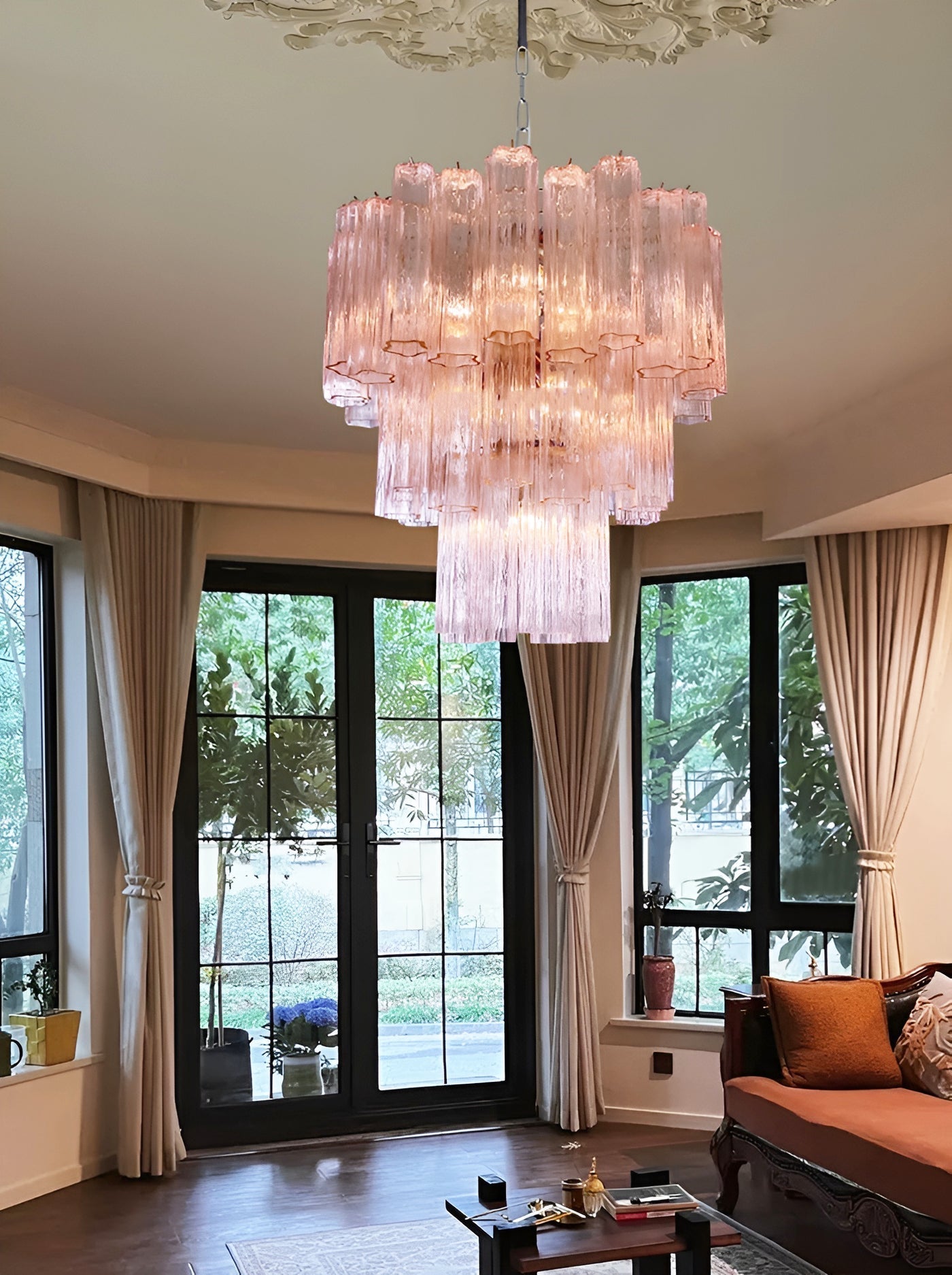 Aurora Chandelier Pink Glass Tubes Layered Modern - Letslighting