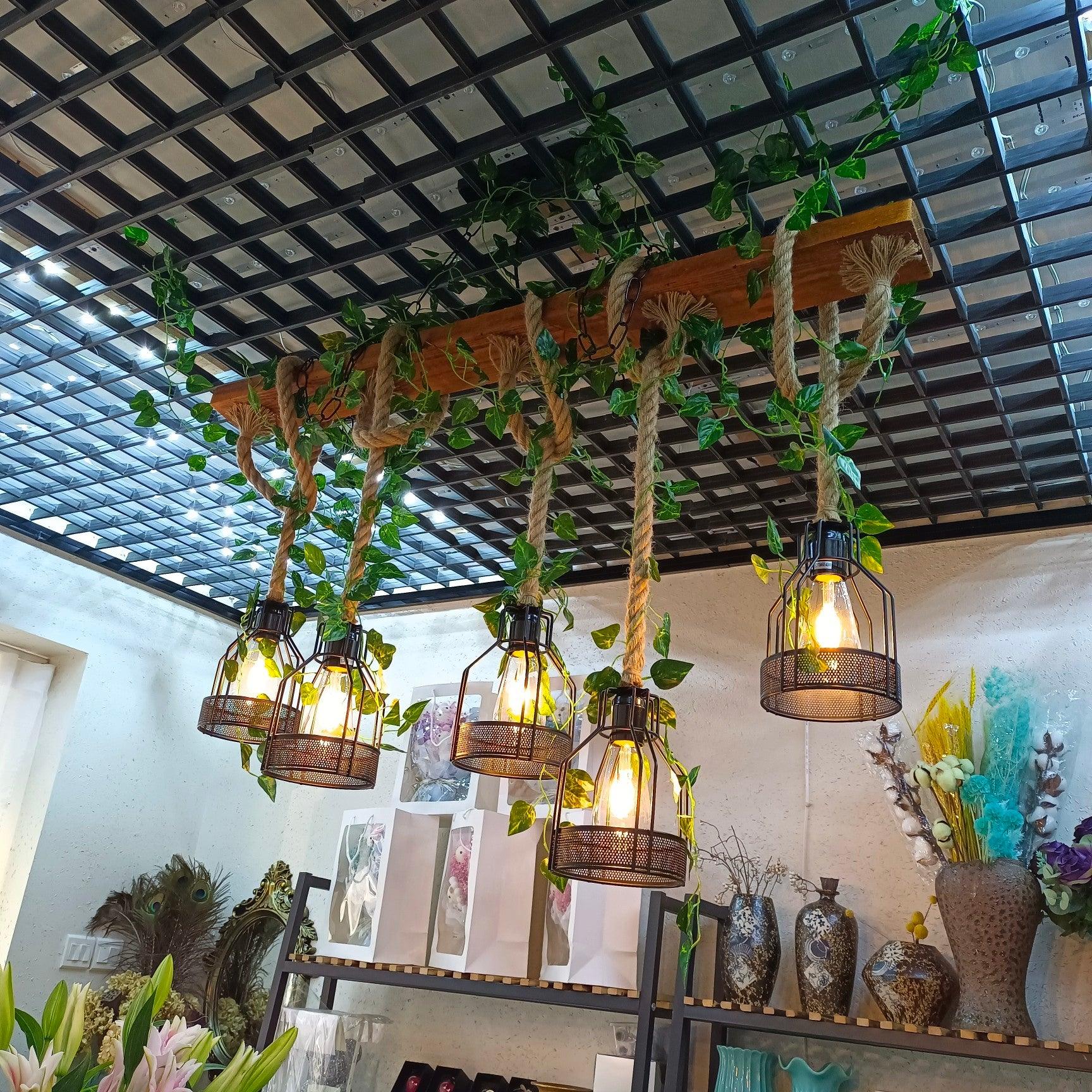 Lustra Chandelier Rustic Wooden Beam Rope Cage Cozy - Letslighting