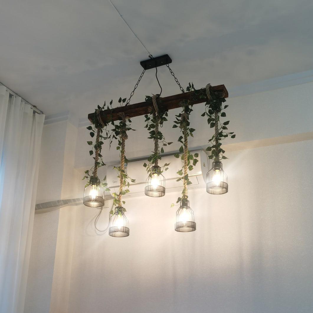 Lustra Chandelier Rustic Wooden Beam Rope Cage Cozy - Letslighting