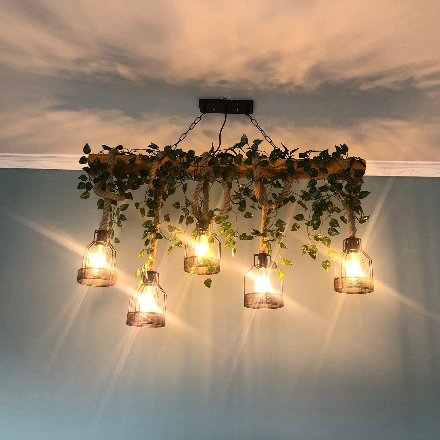 Lustra Chandelier Rustic Wooden Beam Rope Cage Cozy - Letslighting