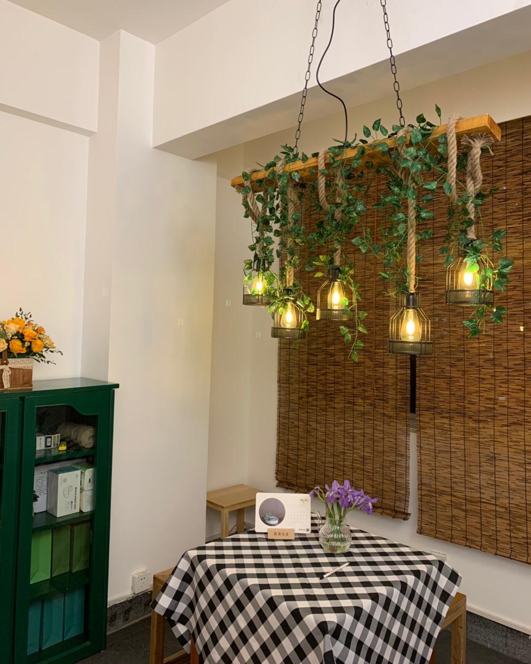 Lustra Chandelier Rustic Wooden Beam Rope Cage Cozy - Letslighting