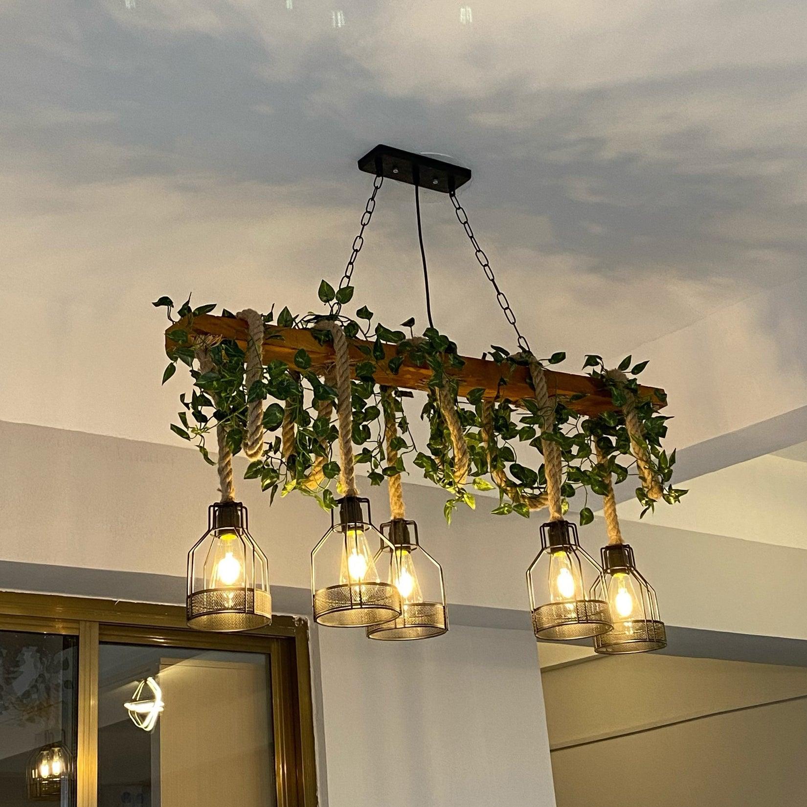 Lustra Chandelier Rustic Wooden Beam Rope Cage Cozy - Letslighting