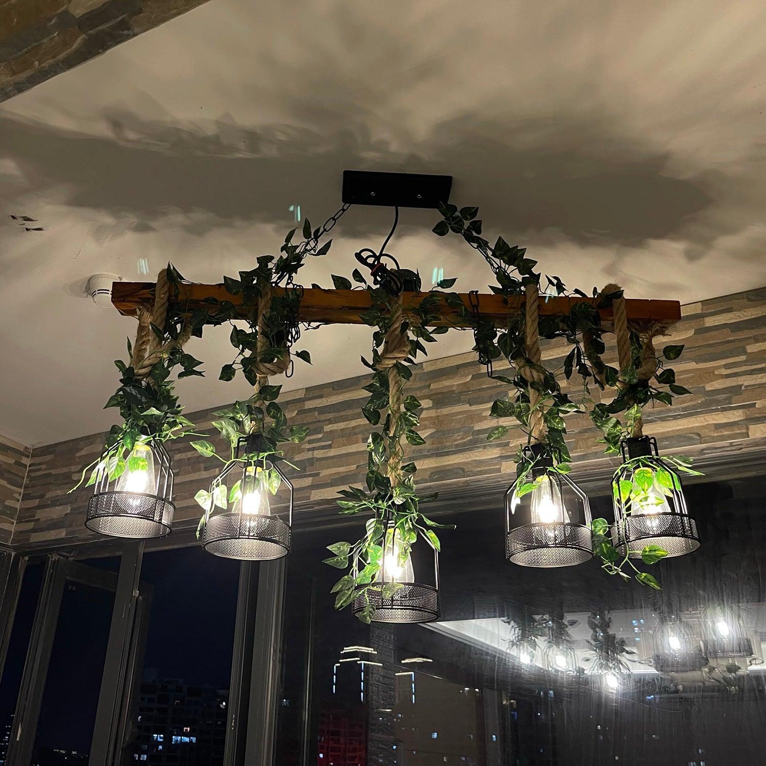Lustra Chandelier Rustic Wooden Beam Rope Cage Cozy - Letslighting