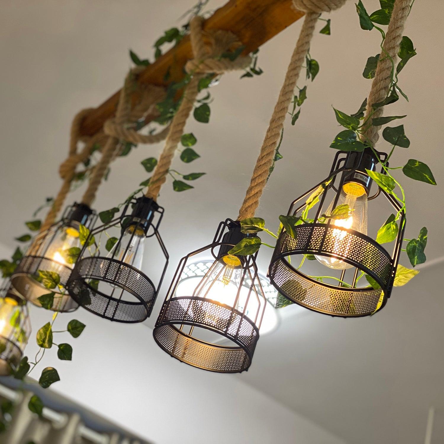 Lustra Chandelier Rustic Wooden Beam Rope Cage Cozy - Letslighting