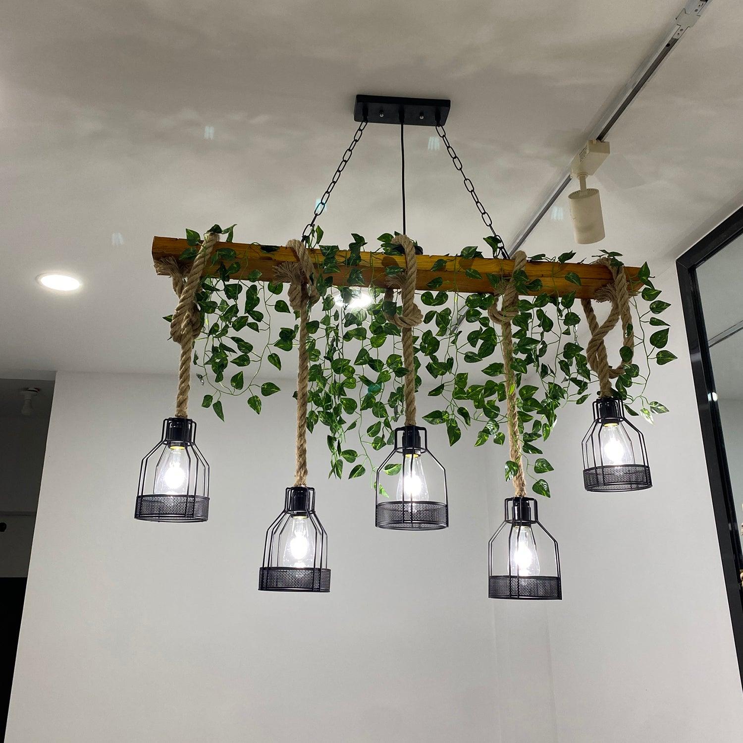Lustra Chandelier Rustic Wooden Beam Rope Cage Cozy - Letslighting