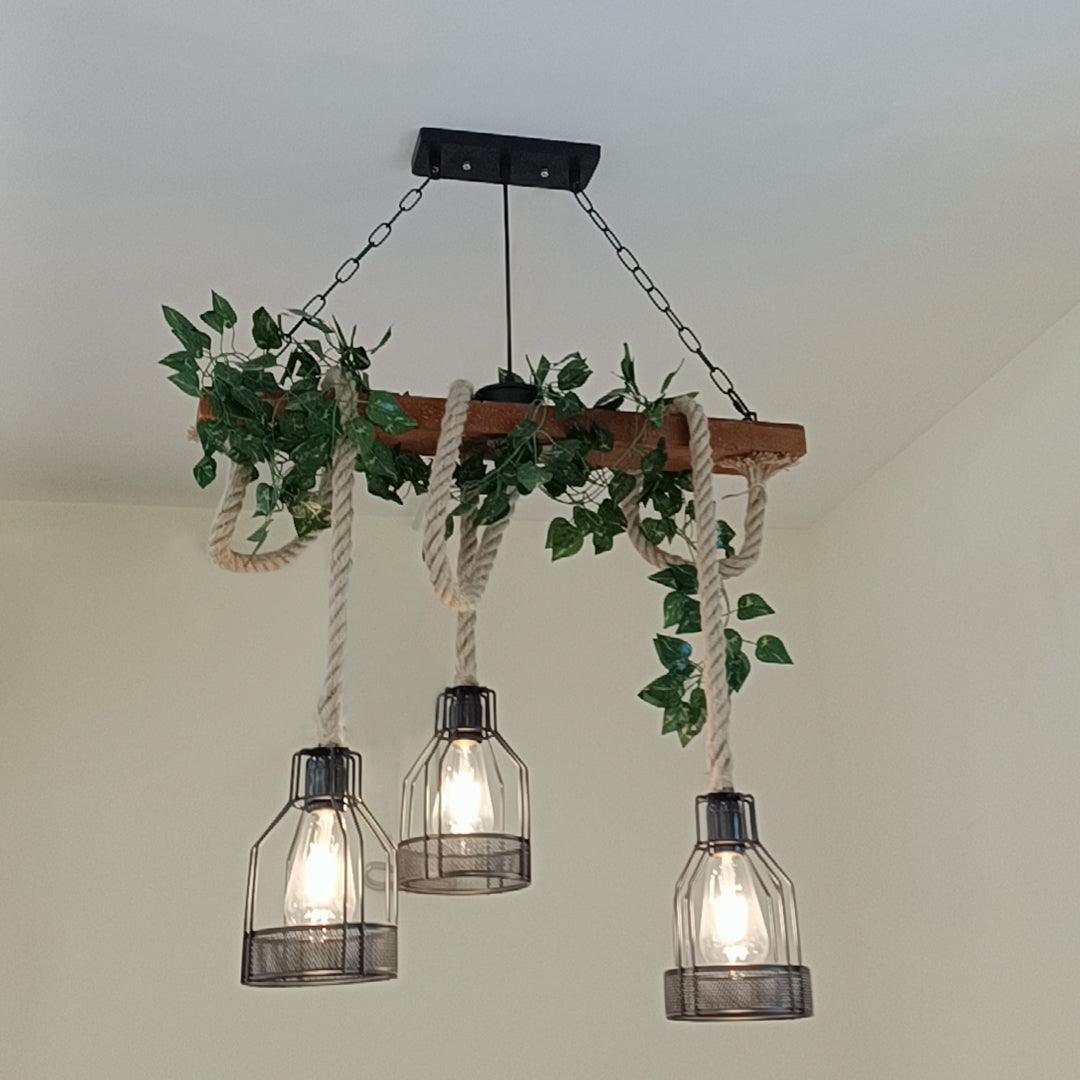 Lustra Chandelier Rustic Wooden Beam Rope Cage Cozy - Letslighting