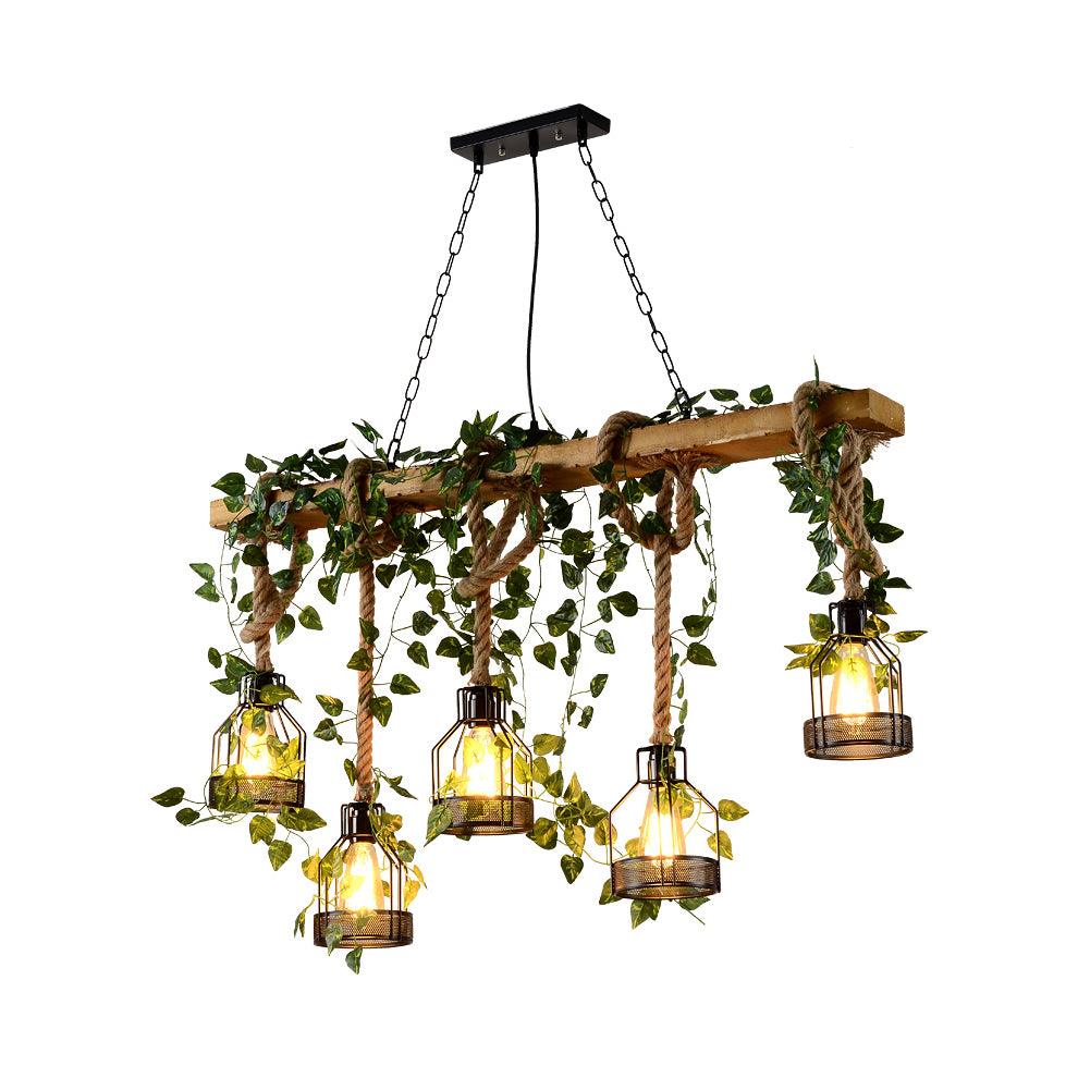 Lustra Chandelier Rustic Wooden Beam Rope Cage Cozy - Letslighting
