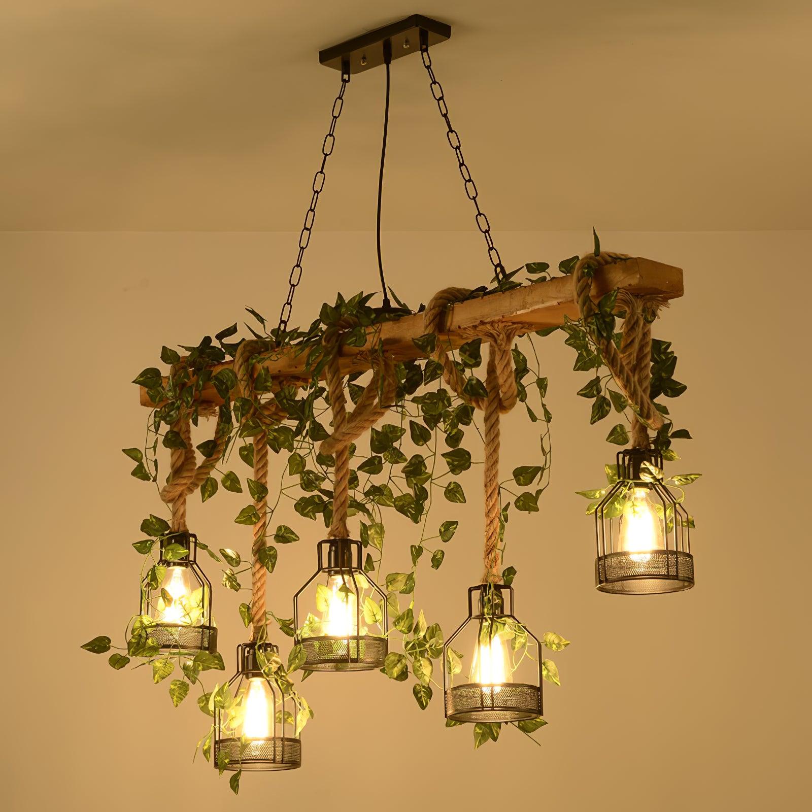 Lustra Chandelier Rustic Wooden Beam Rope Cage Cozy - Letslighting