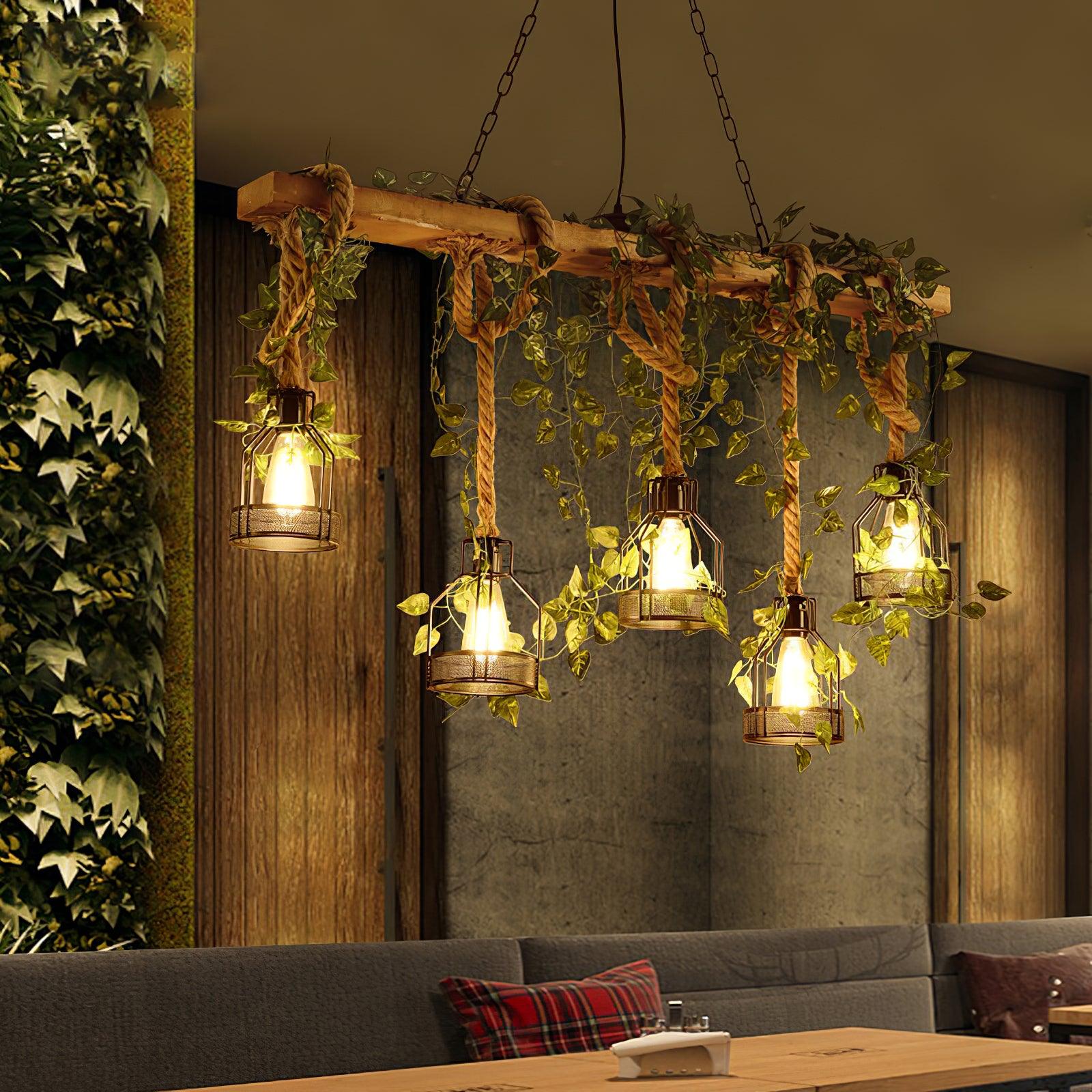 Lustra Chandelier Rustic Wooden Beam Rope Cage Cozy - Letslighting