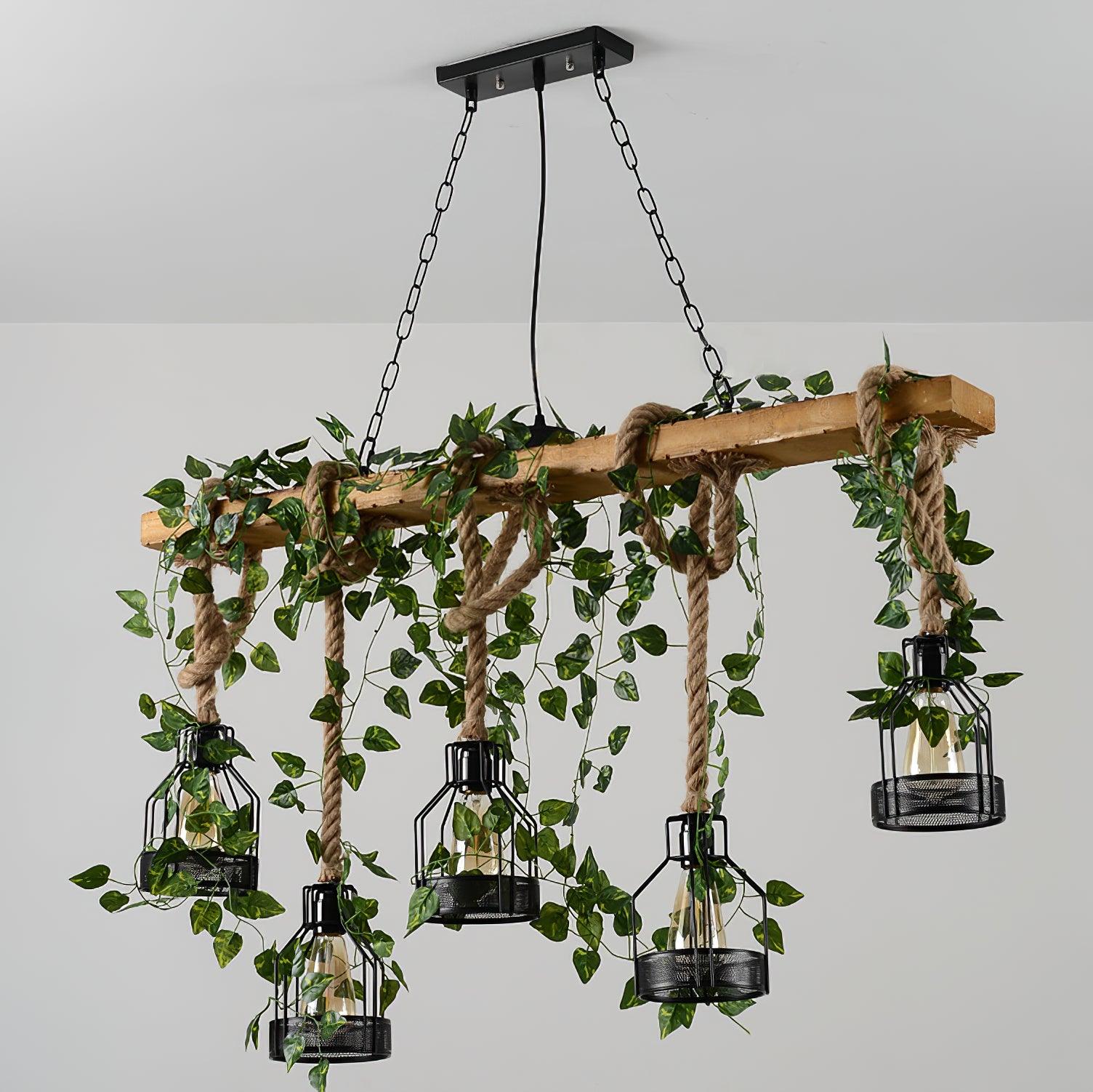 Lustra Chandelier Rustic Wooden Beam Rope Cage Cozy - Letslighting