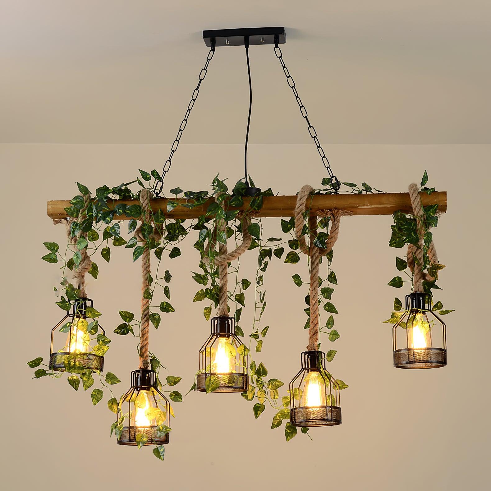 Lustra Chandelier Rustic Wooden Beam Rope Cage Cozy - Letslighting