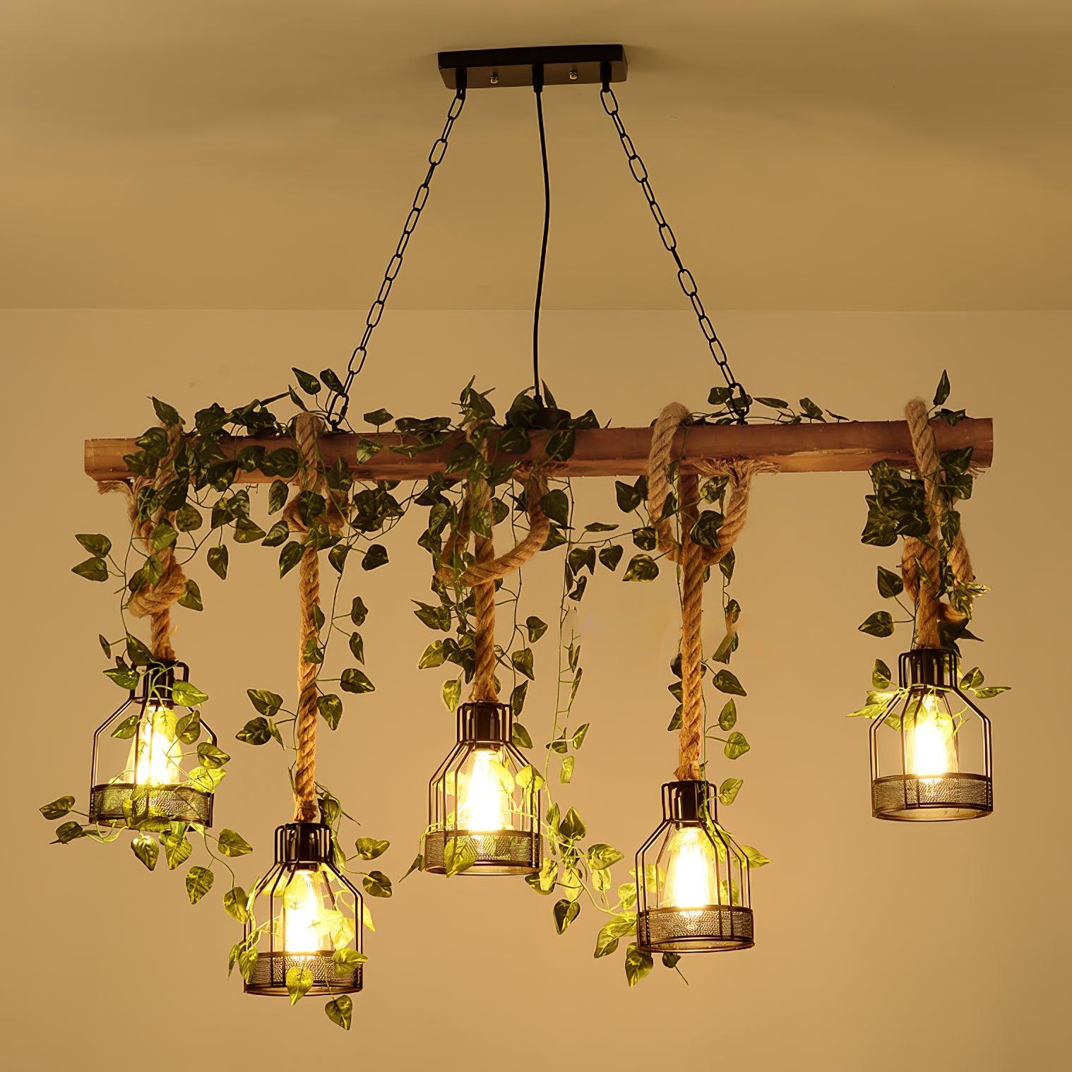 Lustra Chandelier Rustic Wooden Beam Rope Cage Cozy - Letslighting