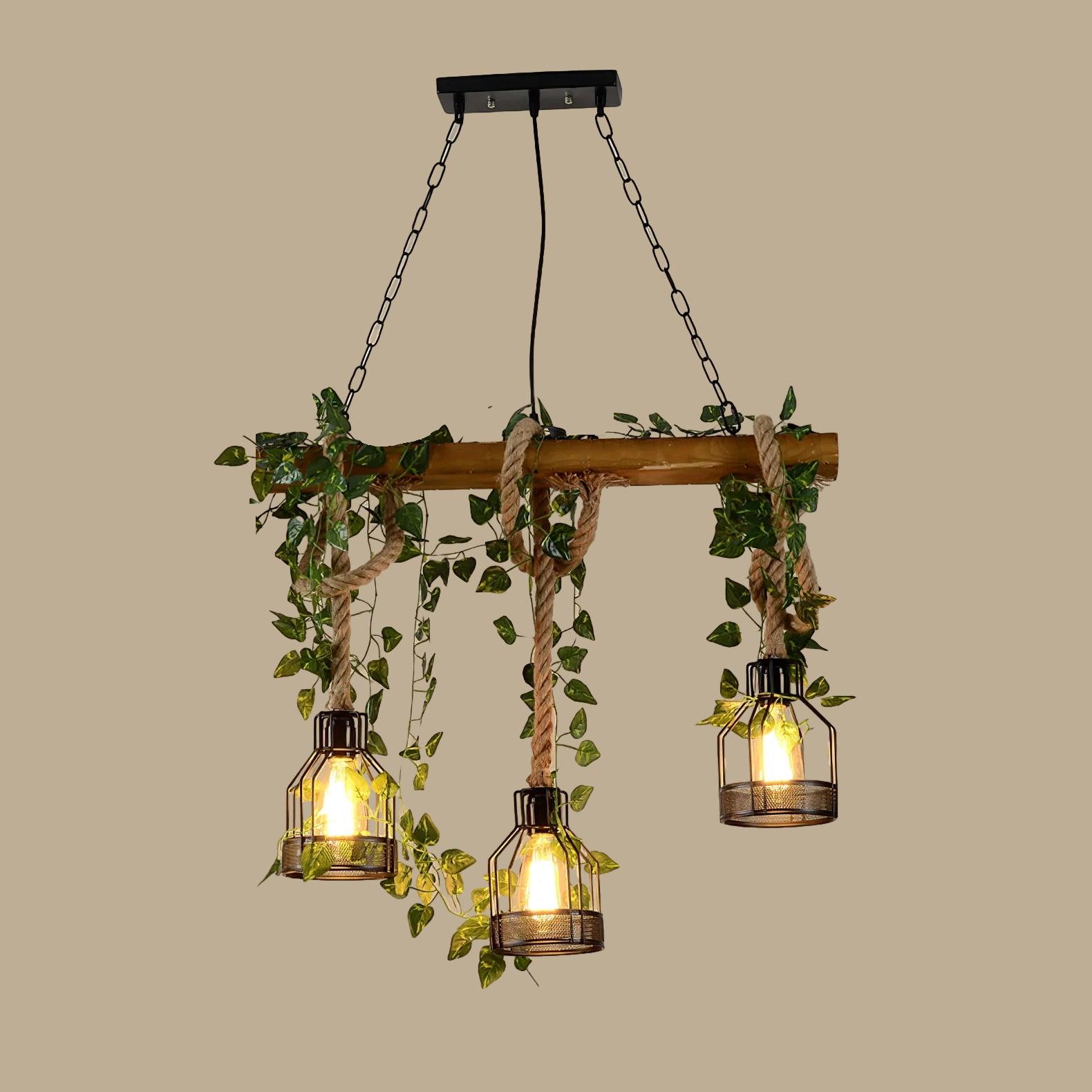 Lustra Chandelier Rustic Wooden Beam Rope Cage Cozy - Letslighting